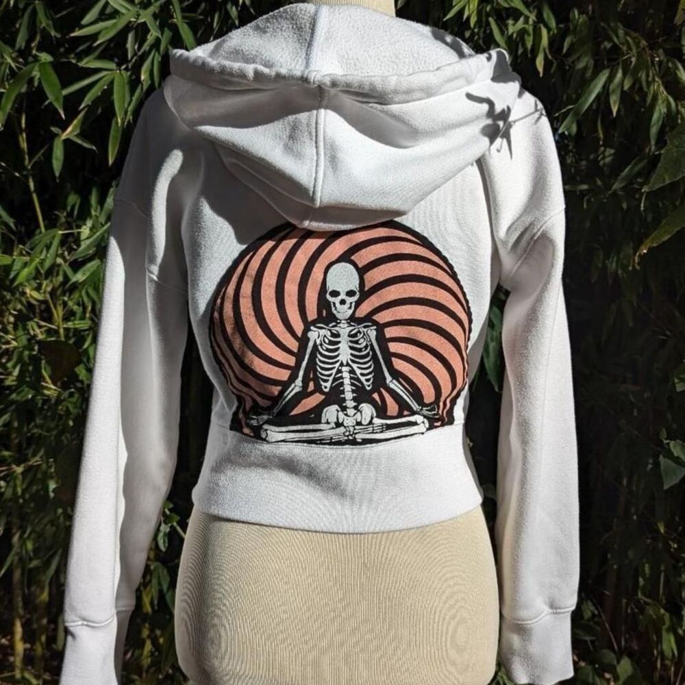 Womens XS Cropped Hoodie with Custom Meditation Skeleton Swirl Hear Handstiched
